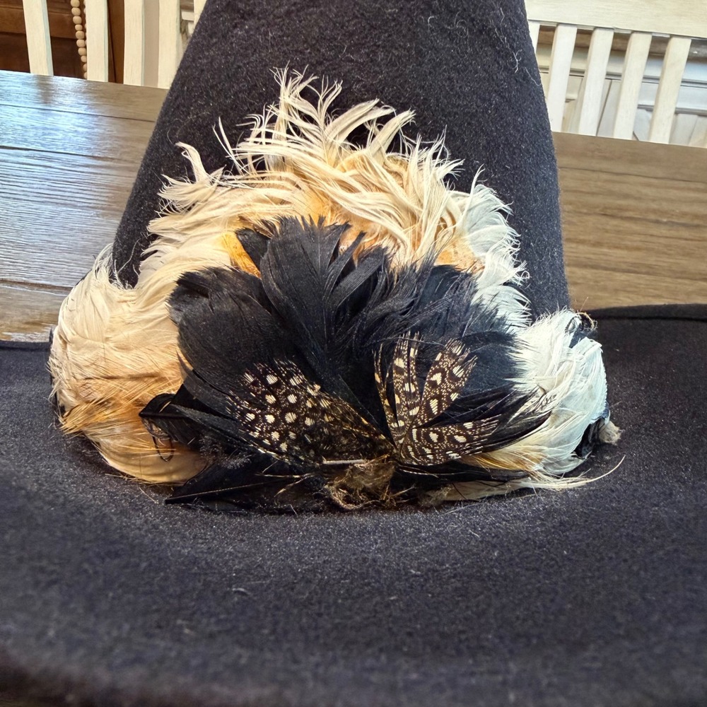 Vintage Black Wool Felt Cowboy Hat Feather Band Size 6 7/8 Western Boho Festival - Picture 9 of 10